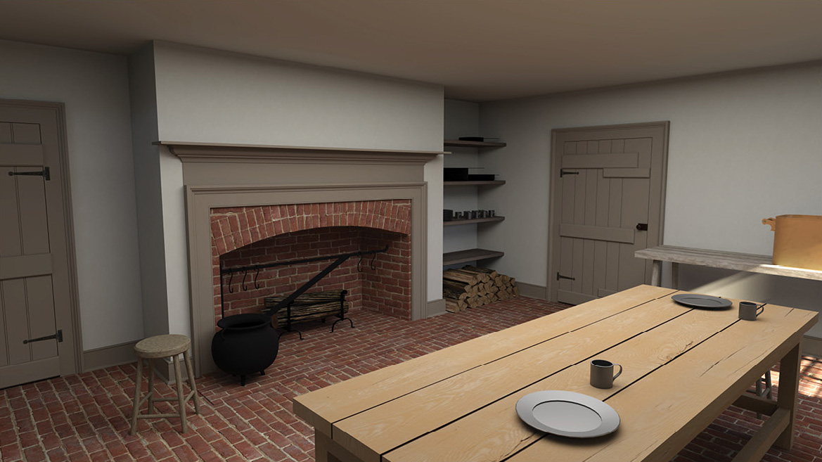 A 3D rendering of a 19th century kitchen with fireplace, brick floor, wood tables, and cooking implements.
