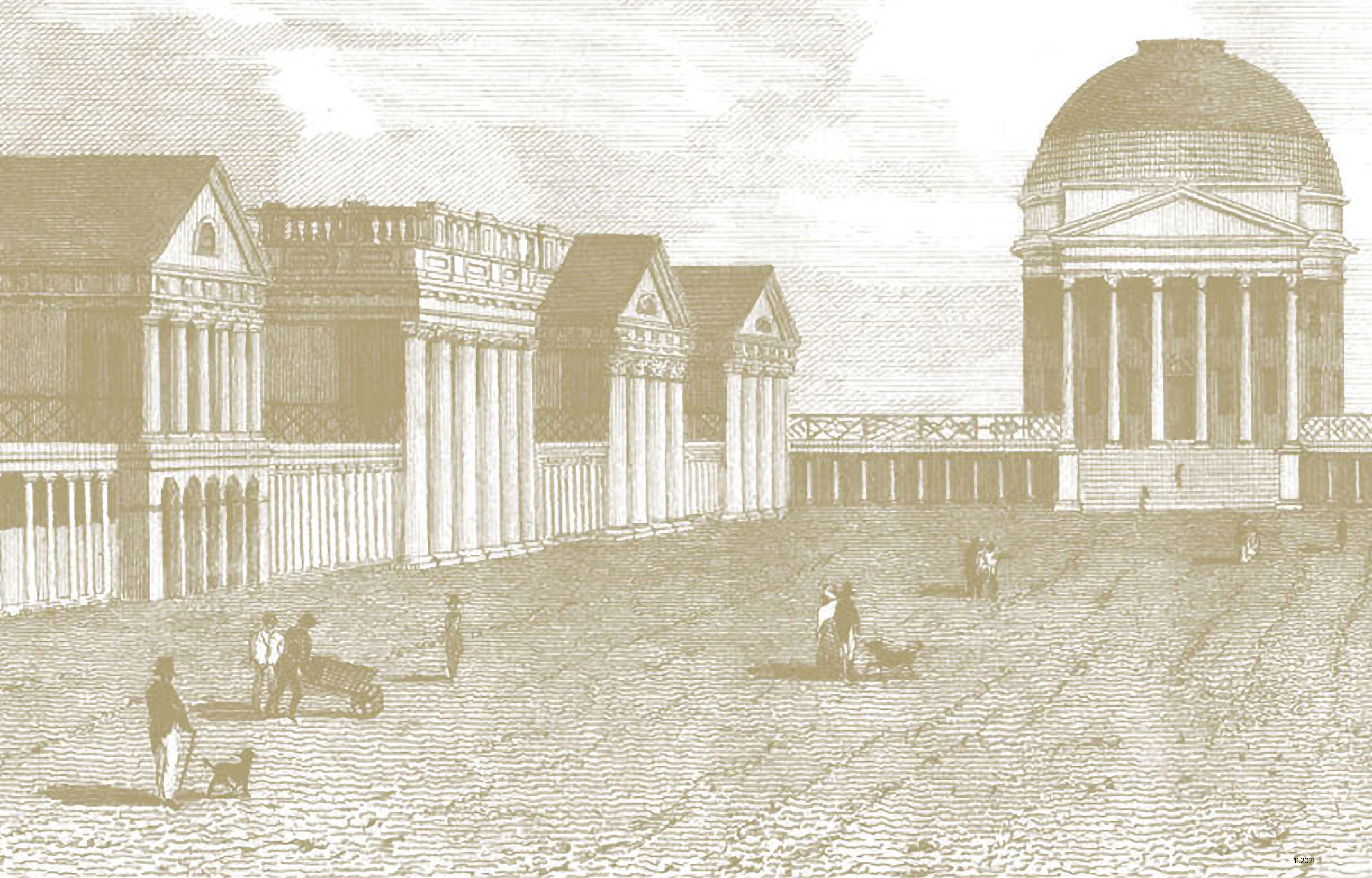 A detail of a 19th century engraving of the Academical Village looking north towards the Rotunda. Several figures stand on the Lawn.