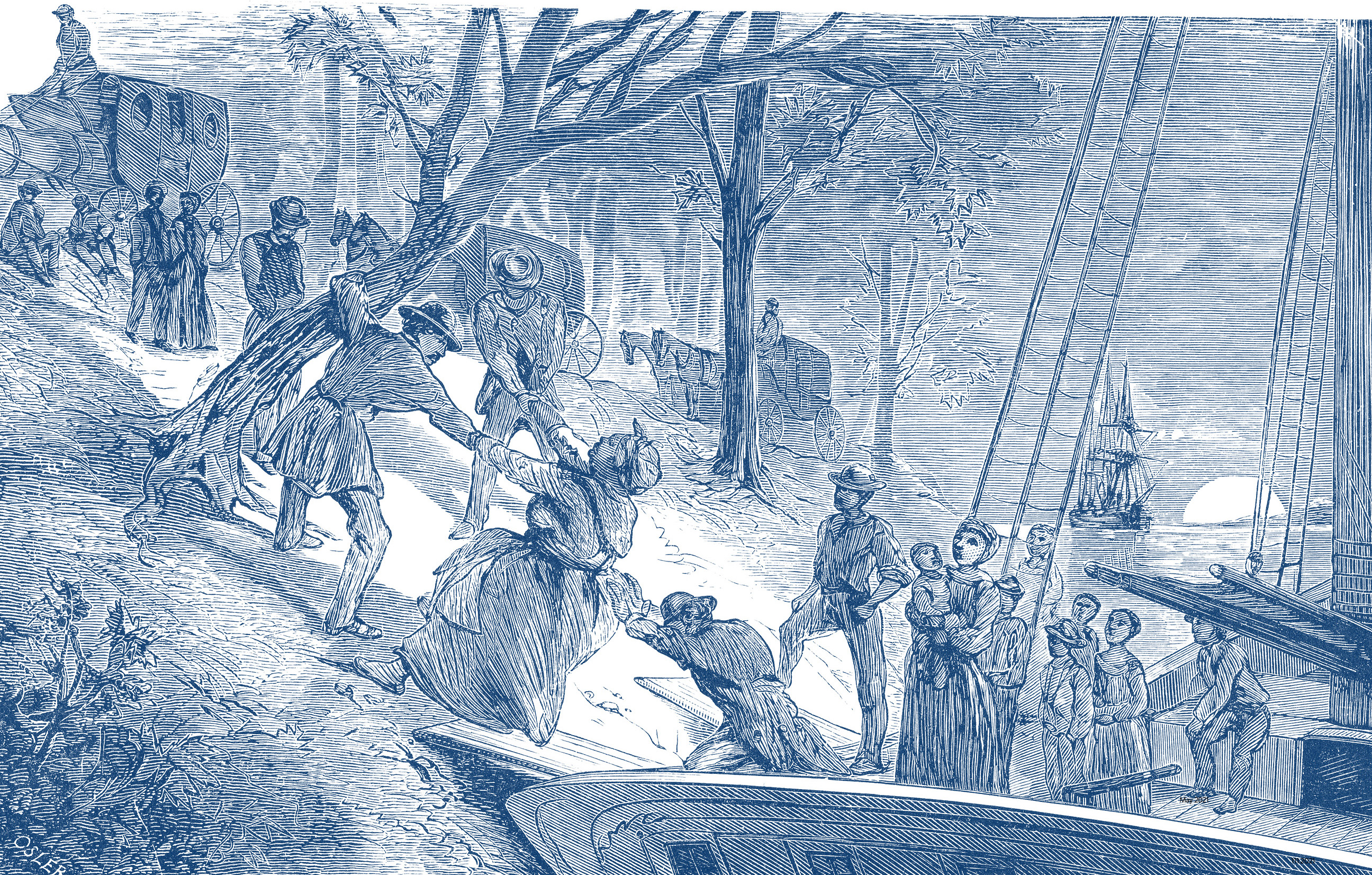 An illustration of three men pulling a woman to shore from a boat to waiting carriages.