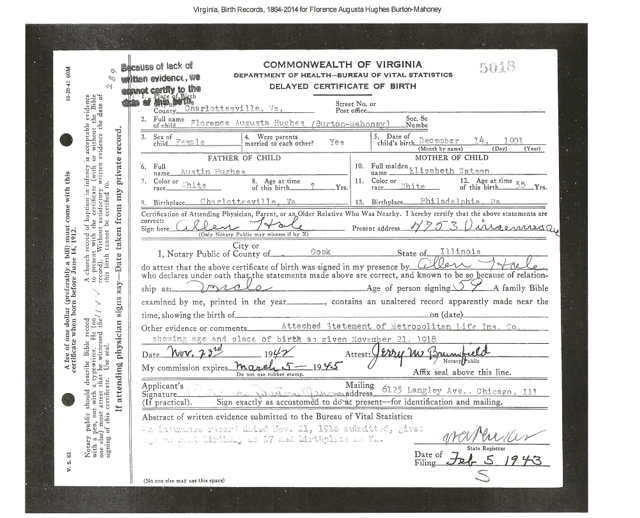 Birth Certificate, Florence Hughes