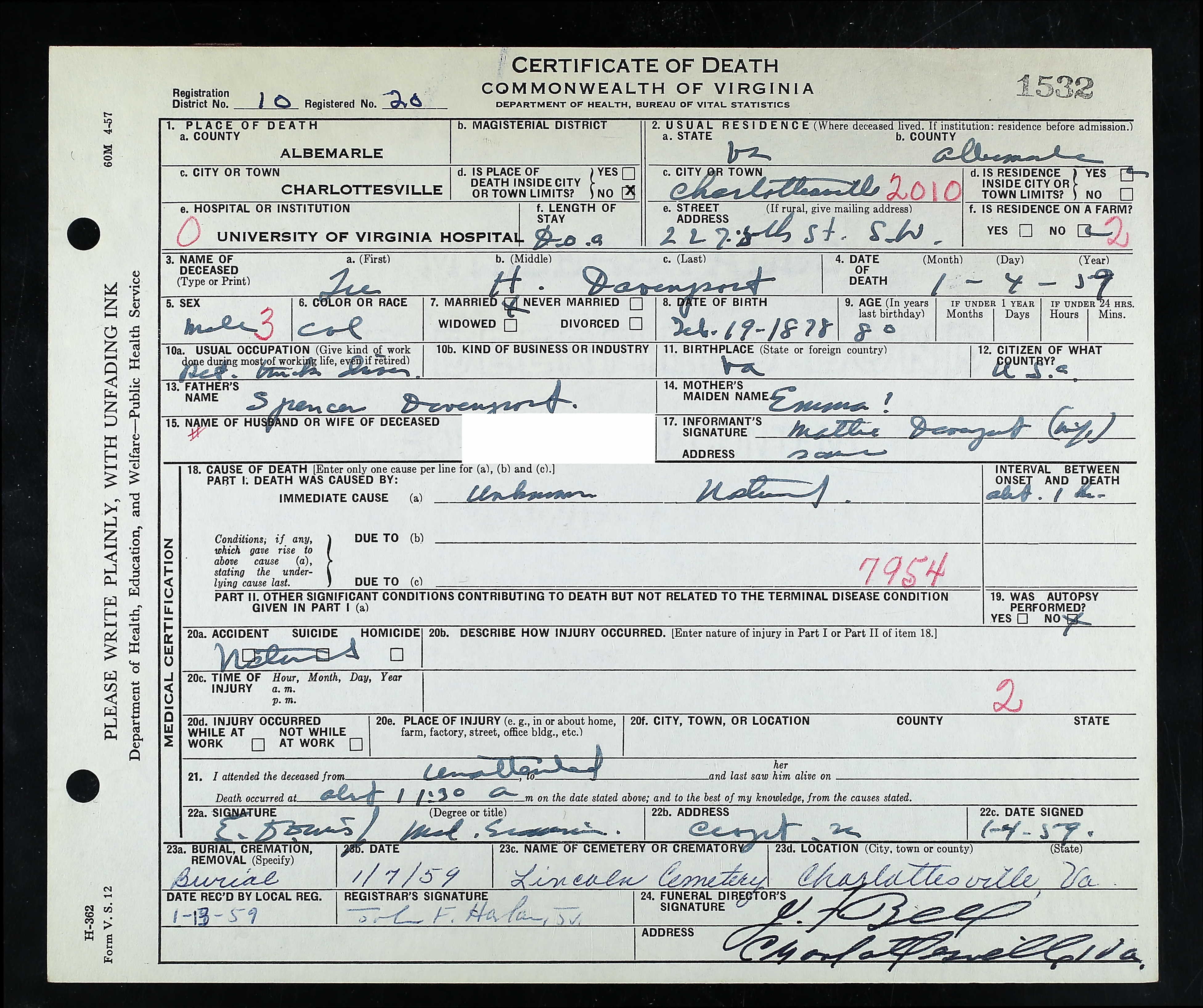 Lee H. Davenport Death Certificate
